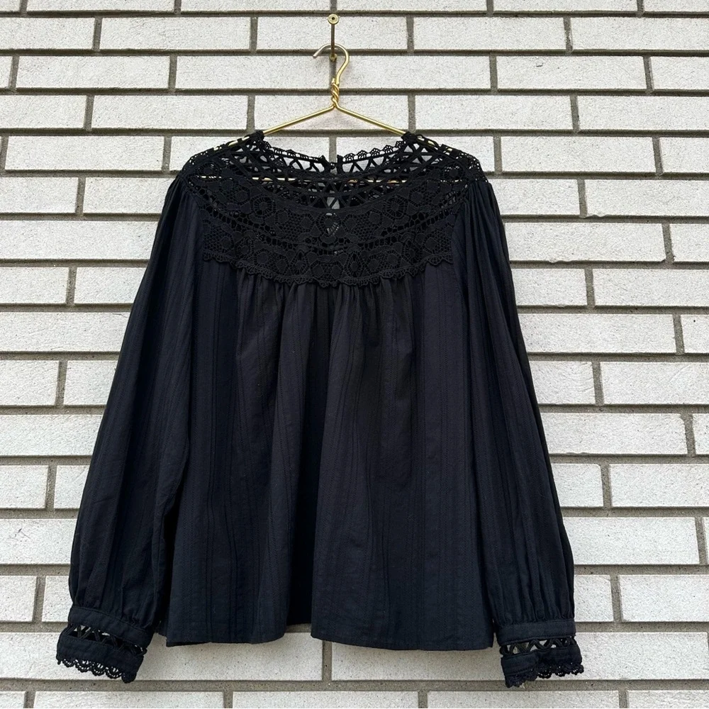 Torrid Black Cotton Lace Yoke Blouson Sleeve Peasant Boho Blouse 2X Coquette